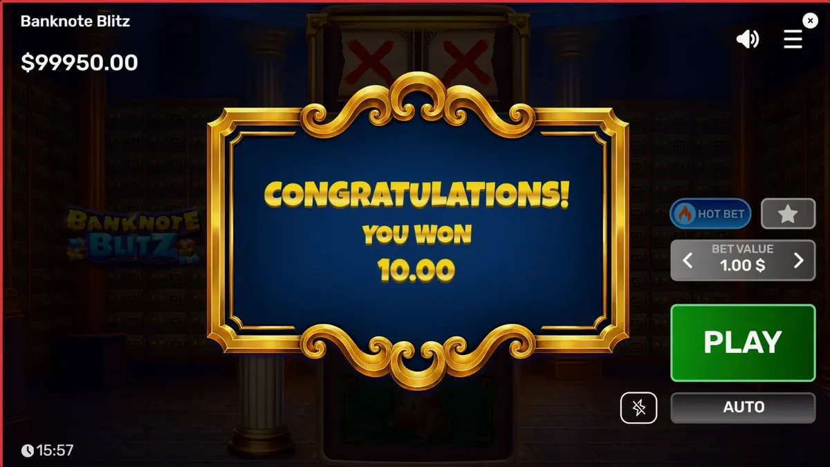 Banknote Blitz slot machine interface featuring a vault theme