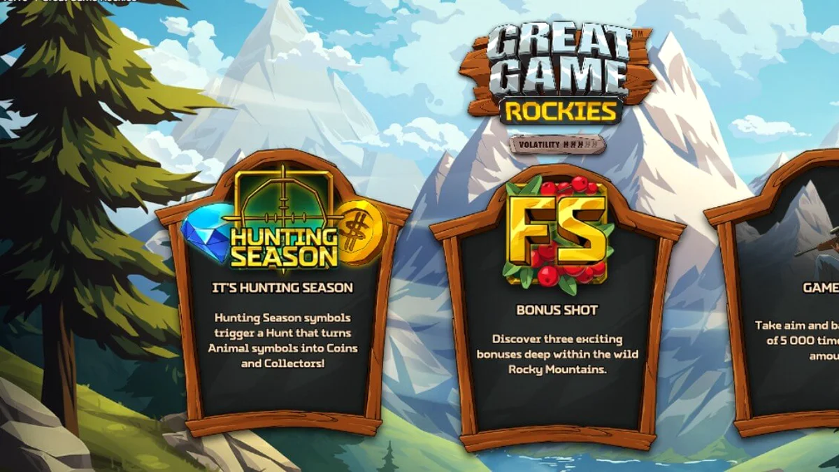 Great Game Rockies سلاٹ کا منظر جس میں پہاڑی پس منظر اور جنگلی جانوروں کے نشانات موجود ہیں۔