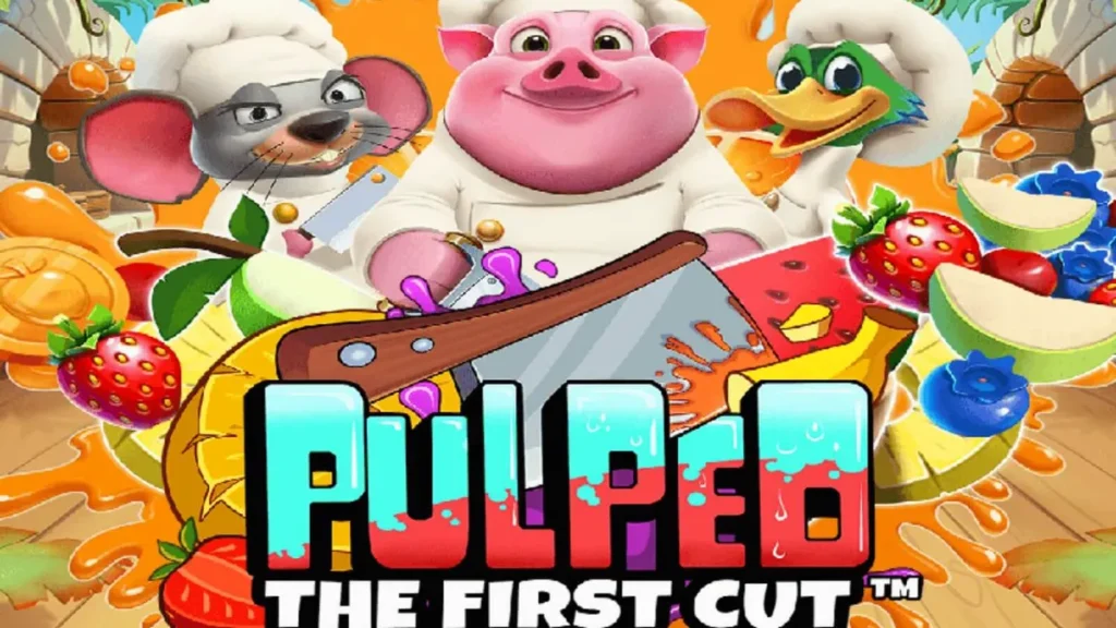 Pulped: The First Cut سلاٹ گیم کا ایک منظر جس میں رنگین پھل اور شیف جانور نظر آ رہے ہیں۔